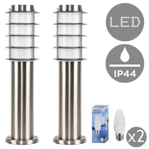 ValueLights Wharf Pair of Outdoor Stainless Steel Bollard Lantern Light Post 450mm Complete with 4w LED Candle Bulbs 3000K