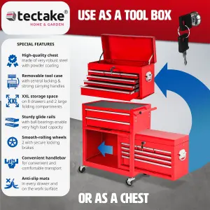 Tool Box - with wheels, 8 drawers, folding compartment, carry box attachment - red