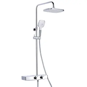 Chrome Thermostatic Rigid Riser Overhead Shower Kit with Tempered Glass Mixer Valve Shelf - White Trim