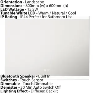 800 x 600mm LED Bathroom Mirror & Bluetooth Speaker -IP44 Demister Tunable White