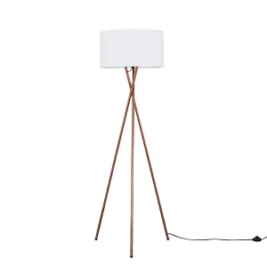 ValueLights Camden Modern Copper Metal Tripod Floor Lamp with White Cylinder Shade - Includes 6w LED Bulb 3000K Warm White