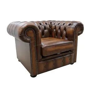 Chesterfield Low Back Club ArmChair Antique Tan Real Leather In Classic Style