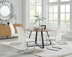 Furniturebox UK Santorini Brown Wood Effect Round Dining Table & 6 White Lorenzo Chairs