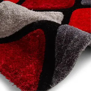 Optical 3D Grey / Red Modern Shaggy Abstract Handmade Easy To Clean Rug For Dining Room Bedroom & Living Room-120cm X 170cm