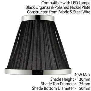 6" Luxury Round Tapered Lamp Shade Black Pleated Organza Fabric & Bright Nickel