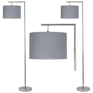 First Choice Lighting Set of 2 Chrome Angled Floor Lamps with Grey Cotton Shades