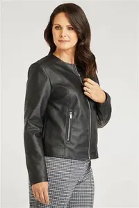 Bonmarche Black Faux Leather Collarless Jacket, Size: 18