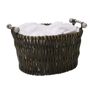 JVL Vertical Weave Oval Log Basket with Metal Handles, Brown, Medium