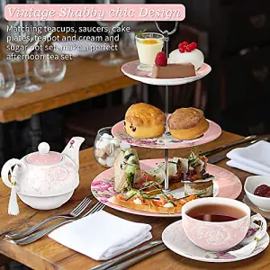 London Boutique Tea for One Teapot Teacup Saucer Set Afternoon Tea Set for 1 New Bone China (Pink)