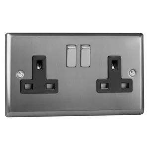 Varilight 2-Gang 13A Double Pole Switched Socket Brushed Steel