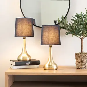 Pair - Brushed Gold Teardrop Touch Dimmer Table Lamps with Navy Blue Shade Bedside Light - LED Bulbs Included