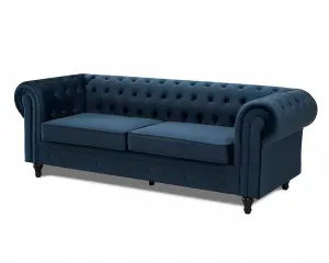 Chesterfield Velvet Fabric 3 Seater Sofa, Midnight Blue