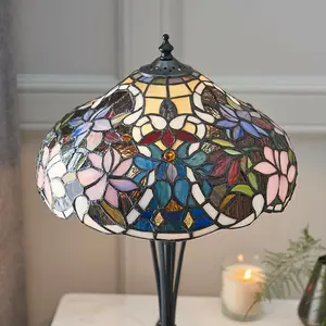 Tiffany Glass Table Lamp Light Dark Bronze & Multi Colour Floral Shade i00229