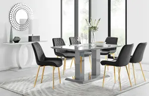 Imperia Grey High Gloss 6 Seater Dining Table with Structural 2 Plinth Column Legs 6 Black Velvet Gold Leg Pesaro Chairs