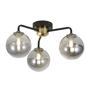 Inlight Agile Flush Matt Glass & metal Black Antique brass & smoked glass effect 3 Lamp LED Ceiling light