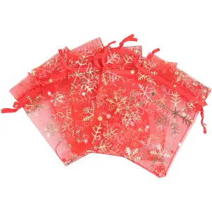 Neel Blue Christmas Gift Bag Red Snowflakes Glitter Organza Bag, 7x9cm - Pack of 100