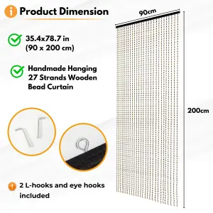 Wooden Beaded Door Curtain with Hook - 90 x 200 cm Bead Curtain 27 Strands for Doorways, White & Black Wood Bead Pattern