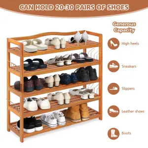 Costway 5-Tier Wood Shoe Rack Solid Shoe Storage Shelf Organizing Unit w/ Side Hooks