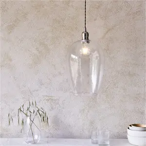 Hanging Ceiling Pendant Light - Bright Nickel Plate & Clear Hammered Large Glass - 10W LED E27