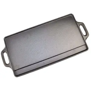 Plate Pan Double Sided for BBQ & Hob Cooking - Size 50 x 23 cm - X-Large Non-Stick Cast Iron Reversible - two Curved Portable