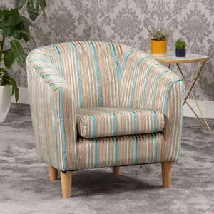 Aurora 69cm wide Aqua Gold Silver Striped Fabric Tub Chair with Dark and Light Wooden Legs