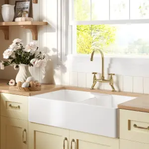 Fireclay Kitchen Bundle - Double Bowl Butler Sink, 2 x Wastes & Bridge Crosshead Tap, 895mm - Brushed Brass - Balterley