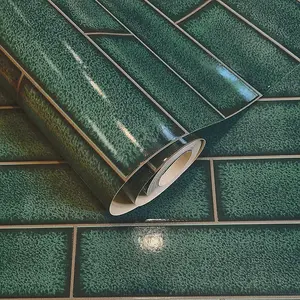 Holden Decor Celadon Gloss Tile Emerald Green Wallpaper