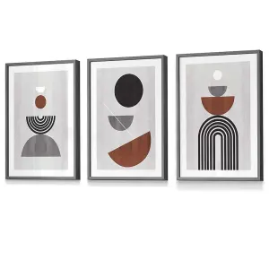 Set of 3 Black Grey Terracotta Abstract Mid Century Geometric Wall Art Prints / 30x42cm (A3) / Dark Grey Frame