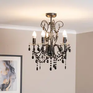 ValueLights Viscount Black 5 Way Ceiling Light Chandelier Fitting with Clear Acrylic Jewel Droplets - LED Bulbs Included