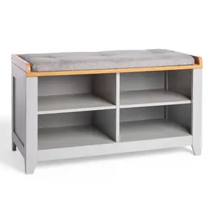 VonHaus Shoe Storage Bench with Padded Seat & 4 Open Storage Shelves - Grey Multifunctional Hall Shoe Rack Bench w/Ash Wood Veneer