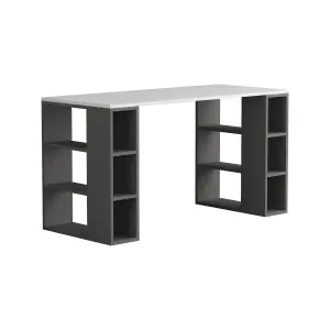 Decortie Colmar Modern Desk with Integrated 6-Shelf Bookshelf Storage White Anthracite Grey 140cm Width