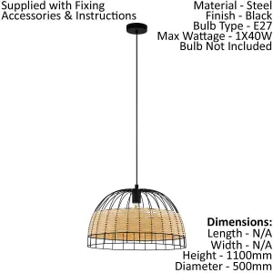 Hanging Ceiling Pendant Light Black & Wicker 1x 40W E27 Hallway Feature Lamp