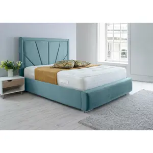 Itala Plush Bed Frame With Lined Headboard - Duck Egg