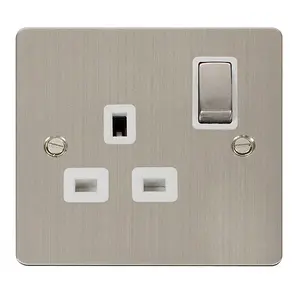 Flat Plate Stainless Steel 1 Gang 13A DP Ingot Switched Plug Socket - White Trim - SE Home