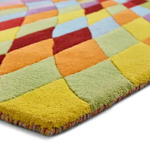 Multi Wool Rug, Chequered Geometric Optical/ (3D) Rug, Handmade Modern Funky Luxurious Rug for DiningRoom-150cm X 230cm