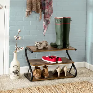 3 Tier Rustic Brown S Frame Wooden Shoe Storage Rack Organiser Shelf 60cm (W) x 35cm (D) x 40cm (H)