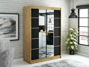 Leto V4 Contemporary 2 Sliding Mirror Door Wardrobe 5 Shelves 2 Rails Black Matt and Oak Effect (H)2000mm (W)1500mm (D)620mm