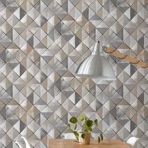 Muriva Pop 3D Effect Geometric Diamond Geo Tiles Feature Non Woven Wallpaper Taupe M46709