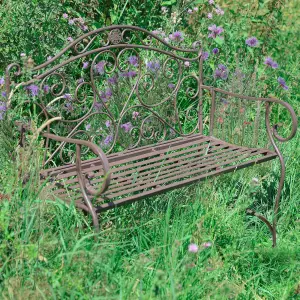 Vintage Brown Scrolled Iron Outdoor Garden Furniture Bench with Grey Bench Cushion