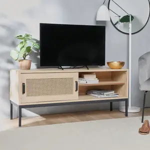 VonHaus Rattan TV Unit - Light Wood Effect TV Cabinet - Entertainment Unit w/Storage Cupboard & 2 Open Shelves for TV's up to 55"