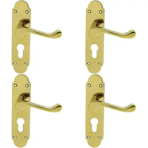 4 PACK - Victorian Scroll Latch & EURO Lock Door Handle Brass PVD Lever Shaped Backplate