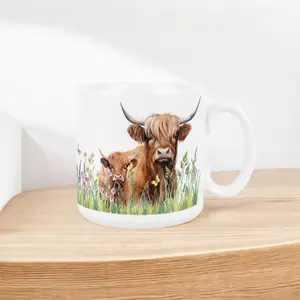 Highland Cow & Calf Large Mug - Farmyard Animals Countryside Drinkware Gifts - Tea/Coffee Ceramic White Cup Novelty Present