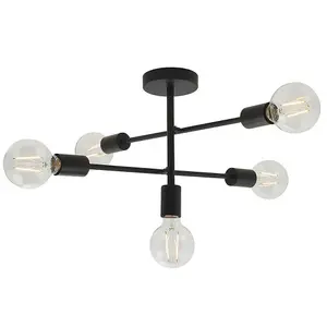 Semi Flush Ceiling Lamp Matt Black 5x Multi Light Industrial Straight Pendant