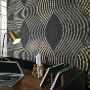 Erismann Fashion For Walls By Guido Maria Curvy Wave Black & Gold Wallpaper 10045-15