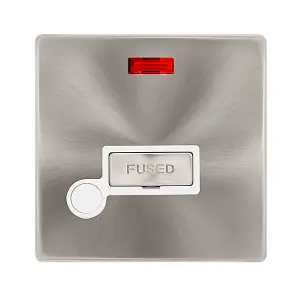 Brushed Steel Screwless Plate 13A Fused Ingot Connection Unit With Neon With Flex - White Trim - SE Home