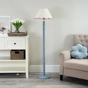 ValueLights Bobbles Powder Blue Bobbin Floor Lamp with Pink Trim Scallop Shade - LED Bulb Included