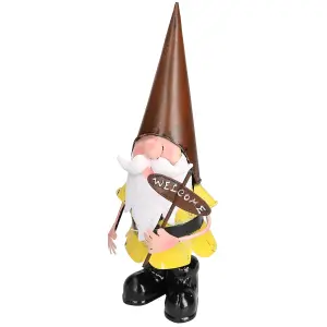 Gnome With Welcome Sign Garden Sculpture Ornament Statue Metal Decoration