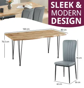 Hallowood Furniture Cullompton Large Dining Table Live Edge Effect Top (1.6m) with 4 Light Grey Faux Leather Chairs