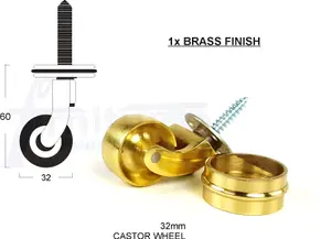 1x BRASS CASTOR & RING 32mm SCREW IN CASTOR  FURNITURE BEDS SOFAS CHAIRS STOOLS