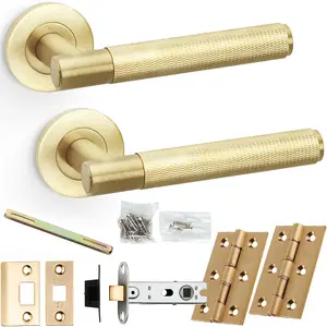 Door Handle & Latch Pack - Satin Brass - Straight Knurled Bar Lever On Round Rose